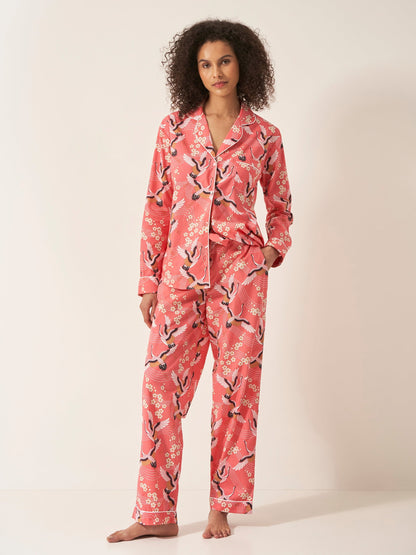 Japanese Crane on Coral Women’s Pyjama Trouser Set | Organic Cotton Long Sleeve PJs | Elegant Bird Print Sleepwear Gift