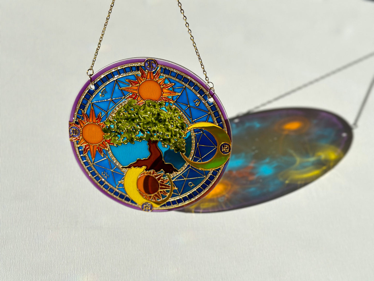 Symbols Tree of life Sun Moon Shine Suncatcher for window Zodiac gift Gold living room decor Stained glass painting