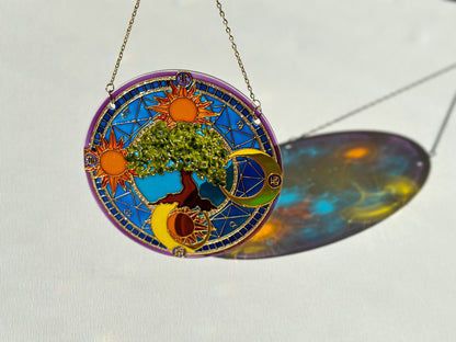 Symbols Tree of life Sun Moon Shine Suncatcher for window Zodiac gift Gold living room decor Stained glass painting