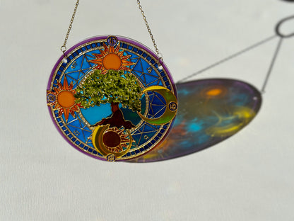 Symbols Tree of life Sun Moon Shine Suncatcher for window Zodiac gift Gold living room decor Stained glass painting