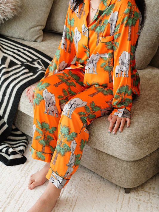 Elephant Prints Satin Long Pyjama Set, Bride And Bridesmaids Pajama, Pajama Set For Women , Gift For Her, Could Be Wear Outside