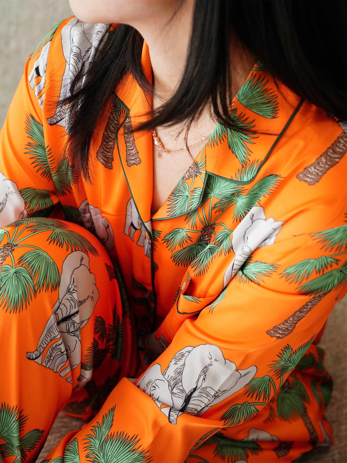 Elephant Prints Satin Long Pyjama Set, Bride And Bridesmaids Pajama, Pajama Set For Women , Gift For Her, Could Be Wear Outside