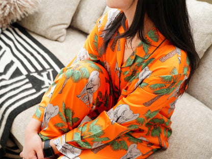 Elephant Prints Satin Long Pyjama Set, Bride And Bridesmaids Pajama, Pajama Set For Women , Gift For Her, Could Be Wear Outside