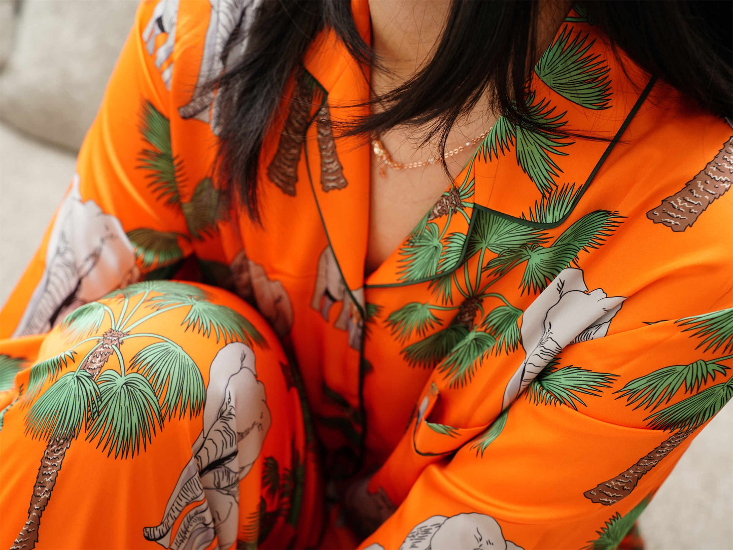 Elephant Prints Satin Long Pyjama Set, Bride And Bridesmaids Pajama, Pajama Set For Women , Gift For Her, Could Be Wear Outside