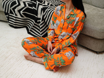 Elephant Prints Satin Long Pyjama Set, Bride And Bridesmaids Pajama, Pajama Set For Women , Gift For Her, Could Be Wear Outside