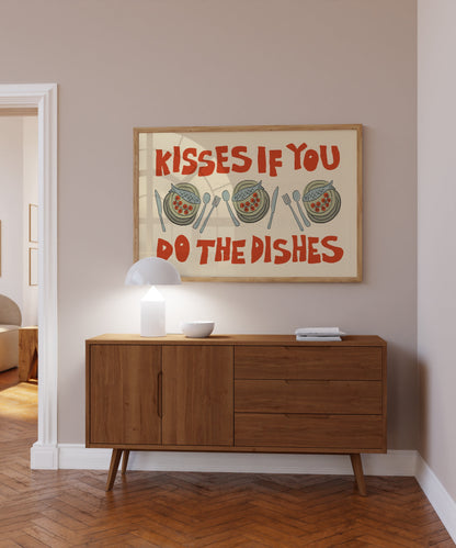 Kisses If You Do The Dishes Poster, Trendy Wall Art, Maximalist Wall Art, Apartment Decor, Retro Wall Art, Kitchen Print, Sketch