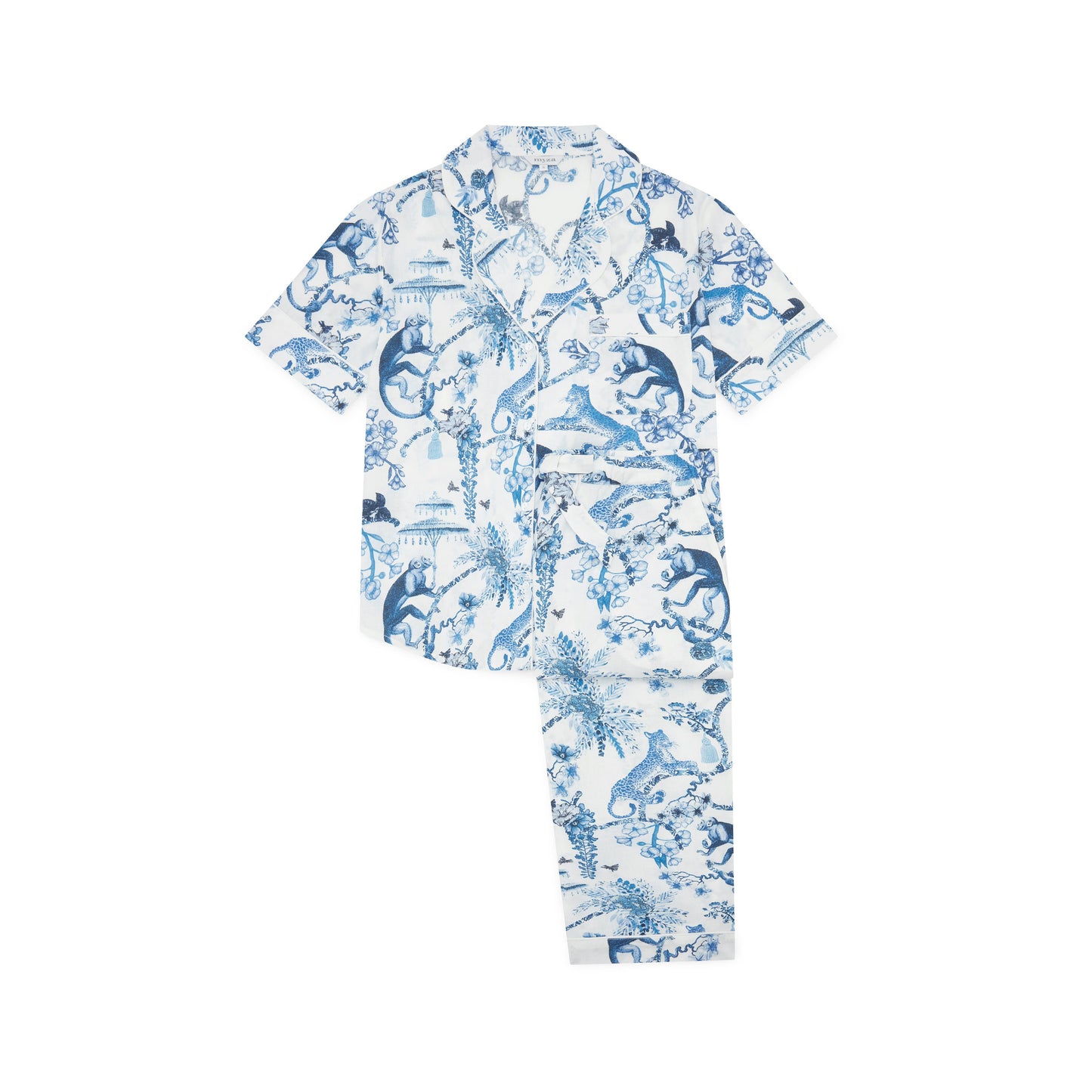 Chinoiserie Whimsy Women’s Pyjama Trouser Set | Organic Cotton Short Sleeve PJs | Elegant Oriental-Inspired Sleepwear with Artistic Print