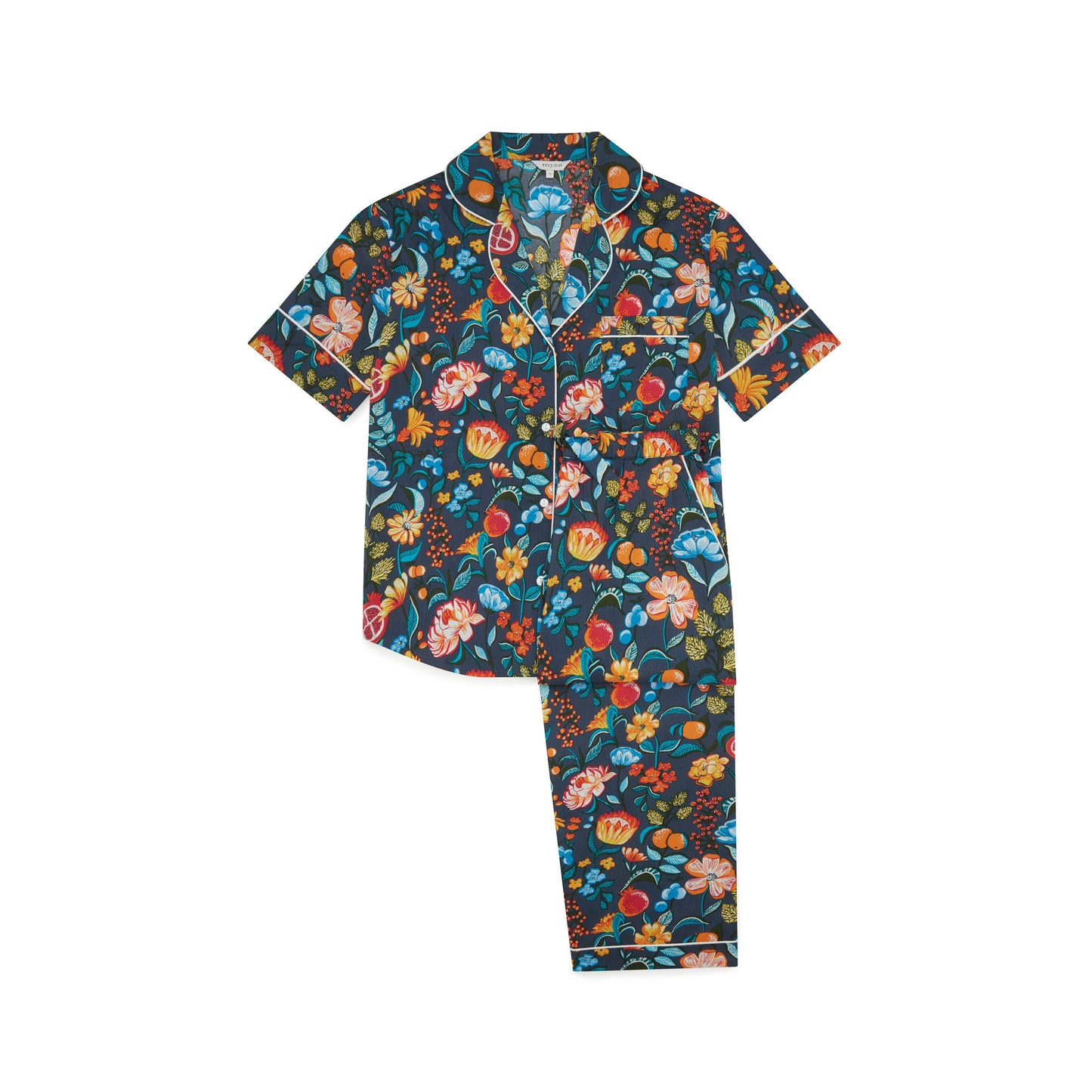 Florals on Navy Women’s Pyjama Trouser Set | Organic Cotton Short Sleeve PJs | Soft Floral Print Sleepwear Gift for Her