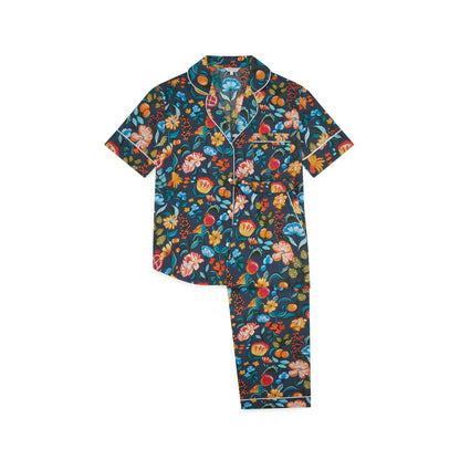 Florals on Navy Women’s Pyjama Trouser Set | Organic Cotton Short Sleeve PJs | Soft Floral Print Sleepwear Gift for Her