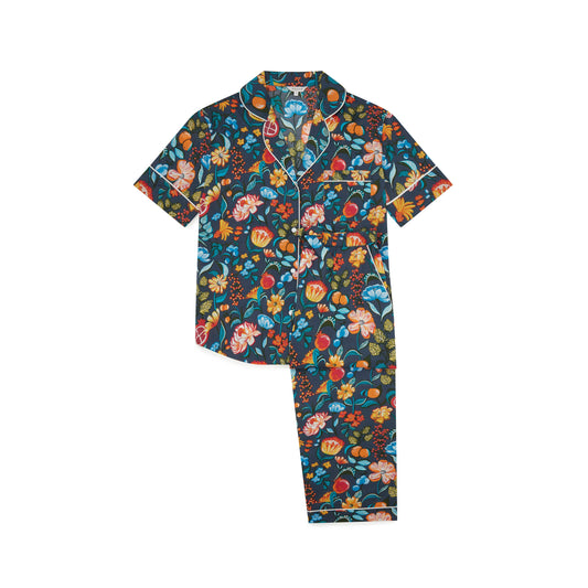 Florals on Navy Women’s Pyjama Trouser Set | Organic Cotton Short Sleeve PJs | Soft Floral Print Sleepwear Gift for Her