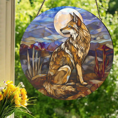 Coyote Moon: Stained Glass Style Window Hanging