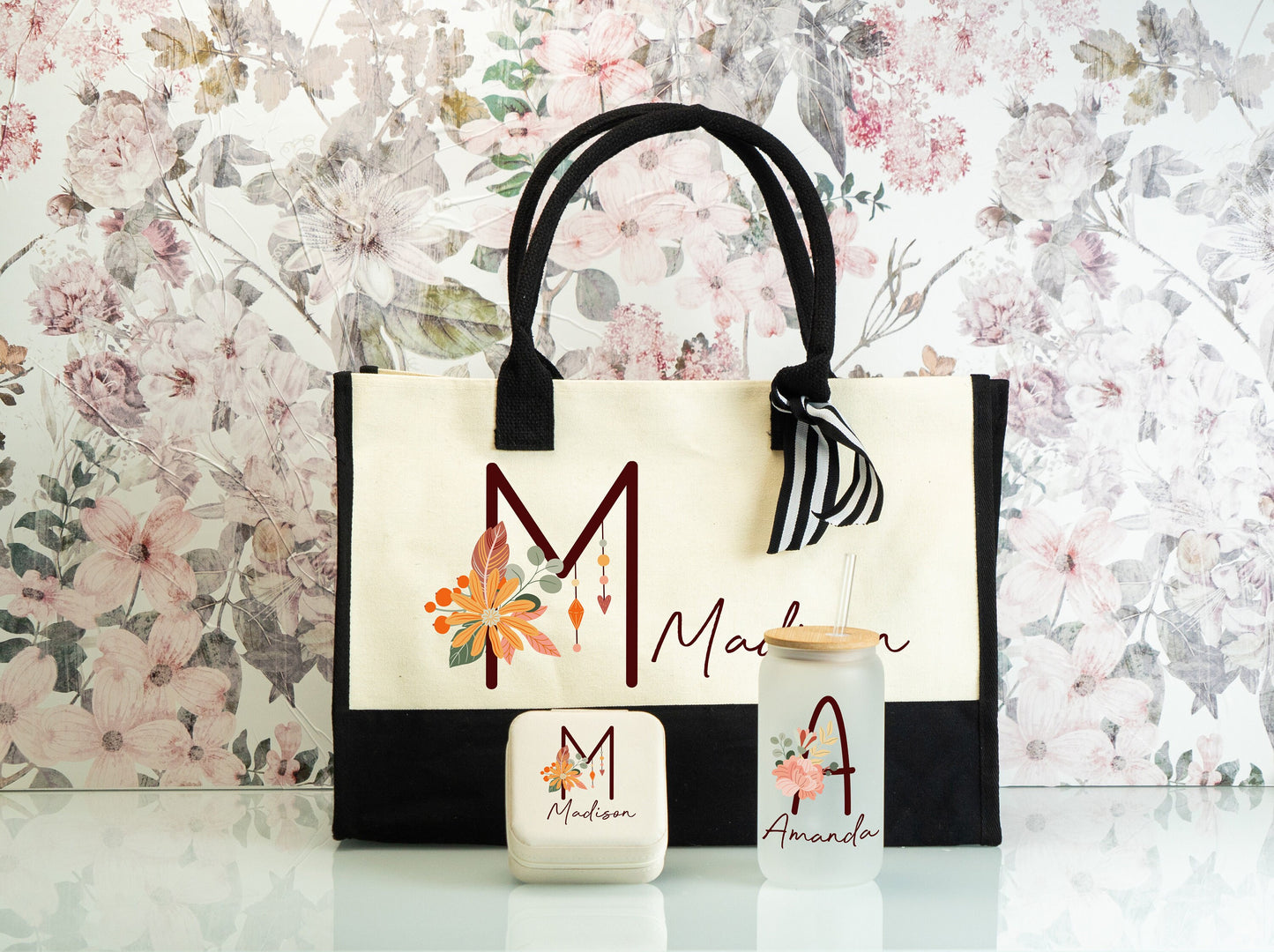Colorful Initial and Name Gift Set, Canvas Name Tote, Personalized Frosted Glass Tumbler, Vegan Square Jewelry Box, Bridesmaid Gift Sets