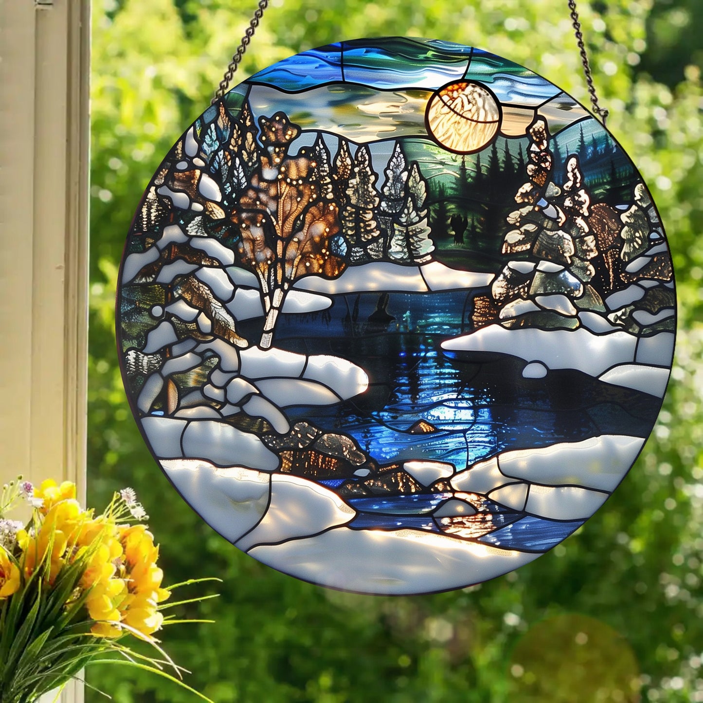Quiet Snowy Creek: Stained Glass Style Window Hanging
