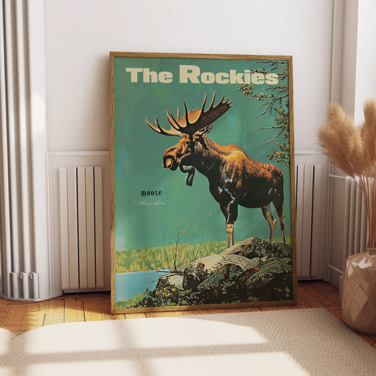 Vintage Moose Print Retro Hunting Poster Outdoors Poster Travel Poster Cabin Cottage Wall Art Rocky Mountains Sports Dad For him Gift