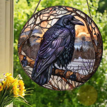 Winter Raven: Stained Glass Style Window Hanging