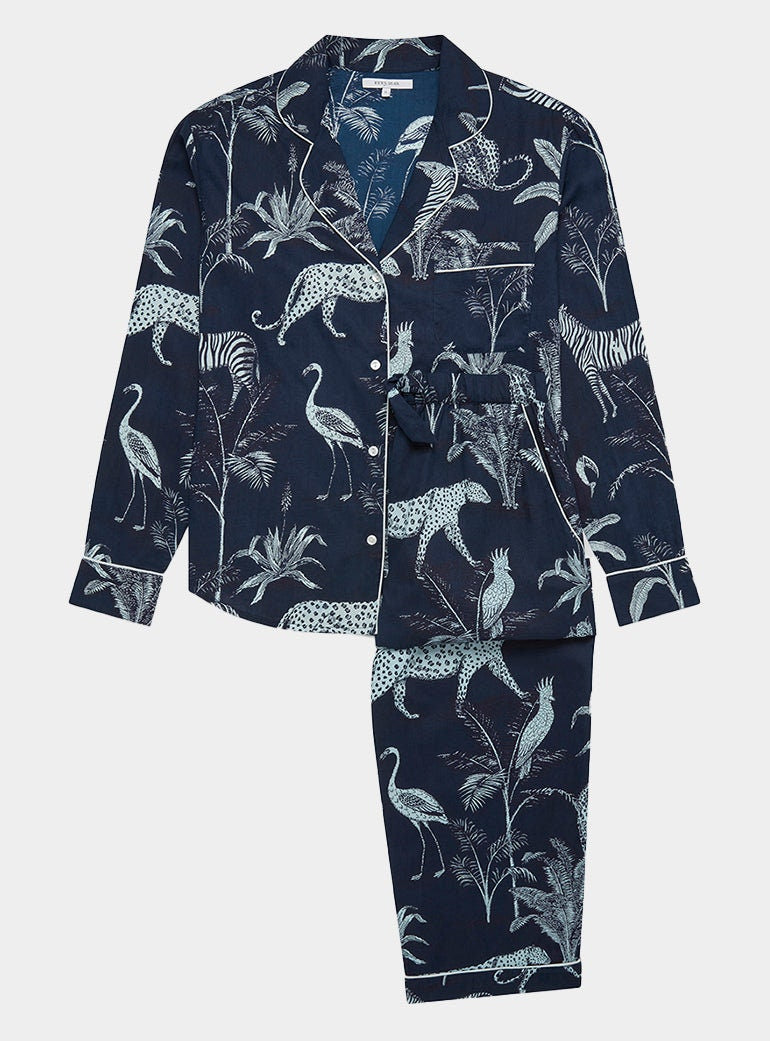 Navy Botanical Jungle Women’s Pyjama Trouser Set | Organic Cotton Long Sleeve PJs | Tropical Leaf Print Sleepwear for Her