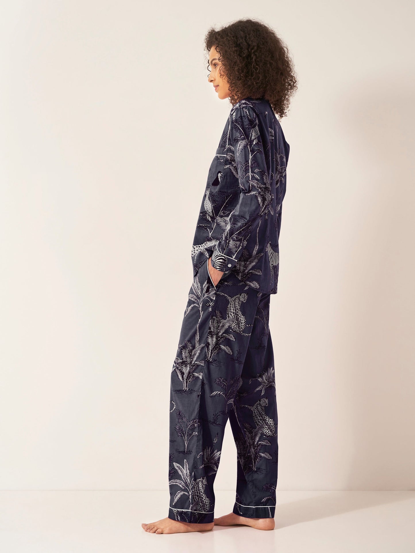 Navy Botanical Jungle Women’s Pyjama Trouser Set | Organic Cotton Long Sleeve PJs | Tropical Leaf Print Sleepwear for Her
