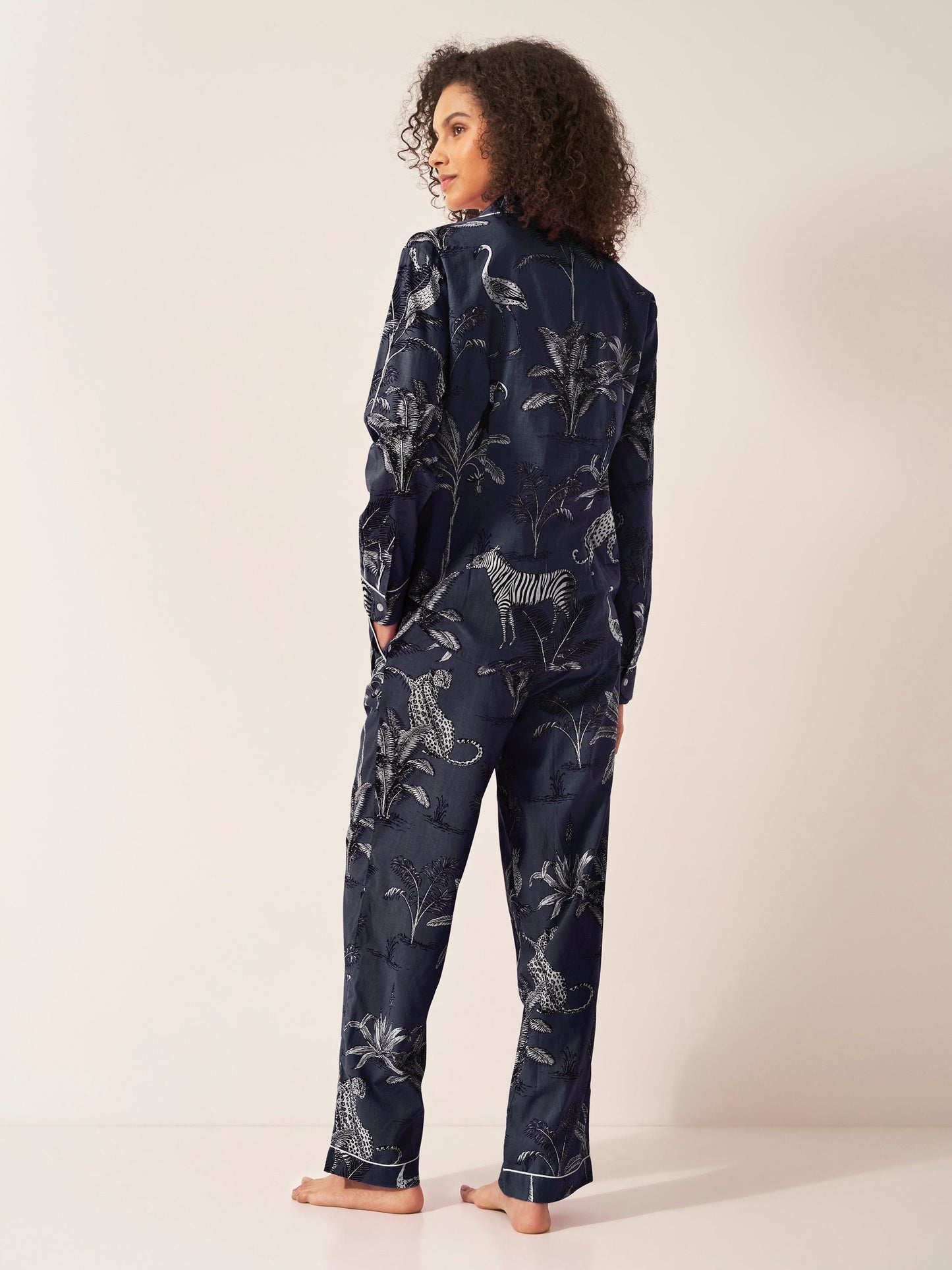 Navy Botanical Jungle Women’s Pyjama Trouser Set | Organic Cotton Long Sleeve PJs | Tropical Leaf Print Sleepwear for Her