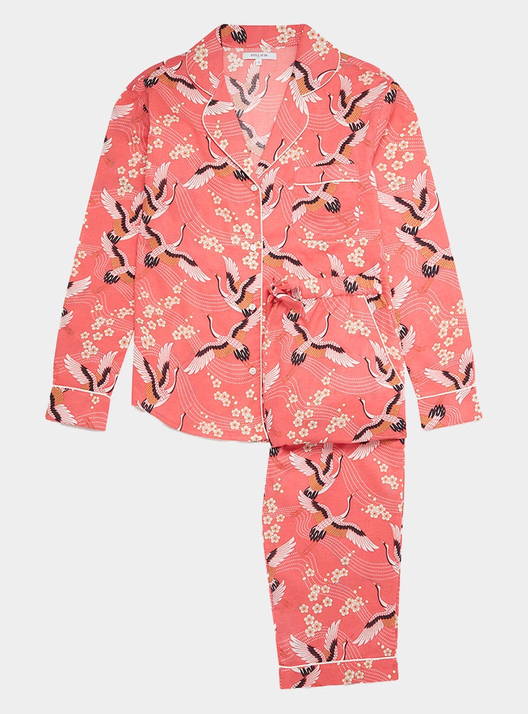 Japanese Crane on Coral Women’s Pyjama Trouser Set | Organic Cotton Long Sleeve PJs | Elegant Bird Print Sleepwear Gift