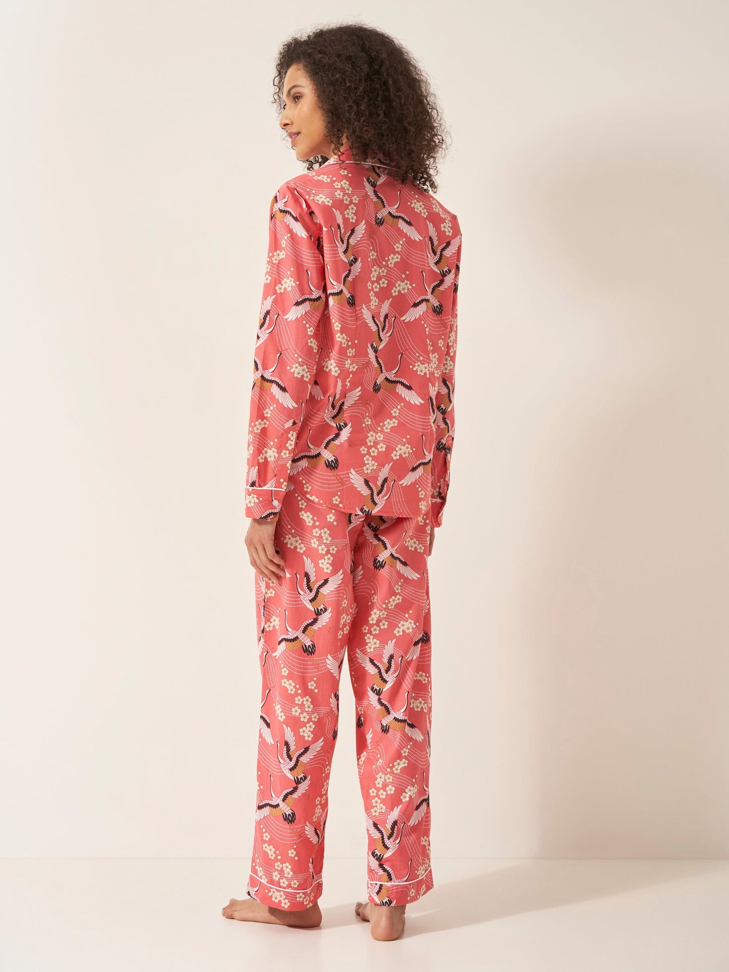 Japanese Crane on Coral Women’s Pyjama Trouser Set | Organic Cotton Long Sleeve PJs | Elegant Bird Print Sleepwear Gift