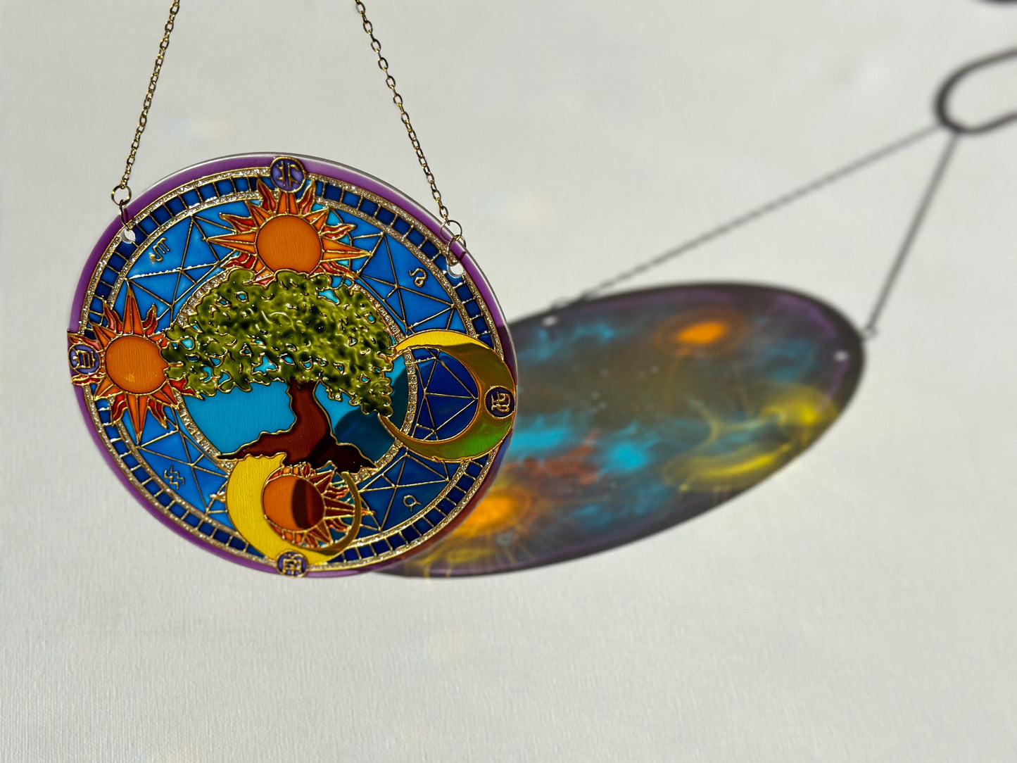 Symbols Tree of life Sun Moon Shine Suncatcher for window Zodiac gift Gold living room decor Stained glass painting