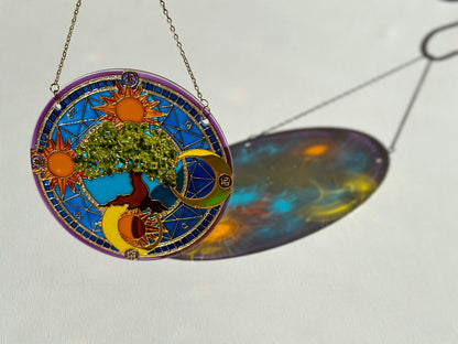 Symbols Tree of life Sun Moon Shine Suncatcher for window Zodiac gift Gold living room decor Stained glass painting
