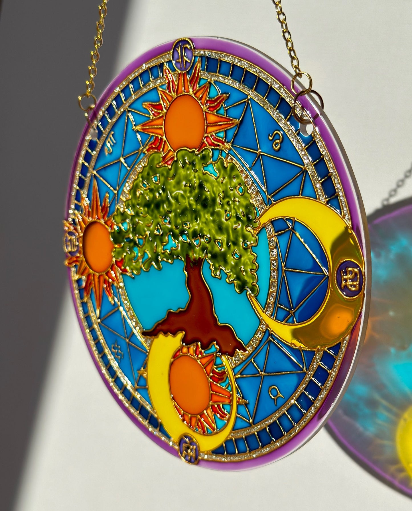 Symbols Tree of life Sun Moon Shine Suncatcher for window Zodiac gift Gold living room decor Stained glass painting