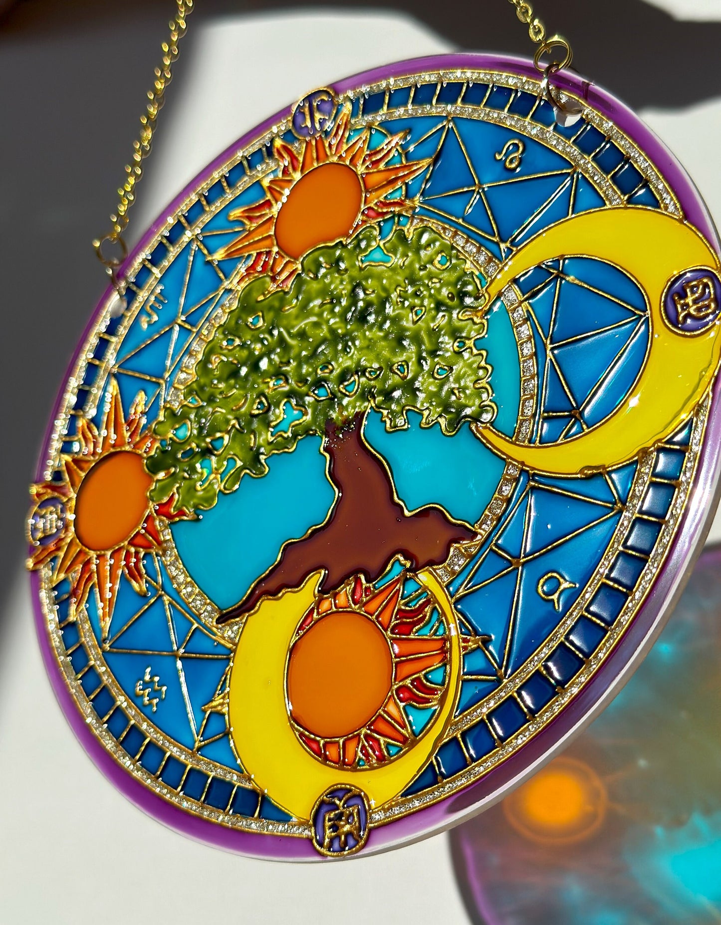 Symbols Tree of life Sun Moon Shine Suncatcher for window Zodiac gift Gold living room decor Stained glass painting