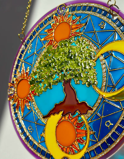 Symbols Tree of life Sun Moon Shine Suncatcher for window Zodiac gift Gold living room decor Stained glass painting