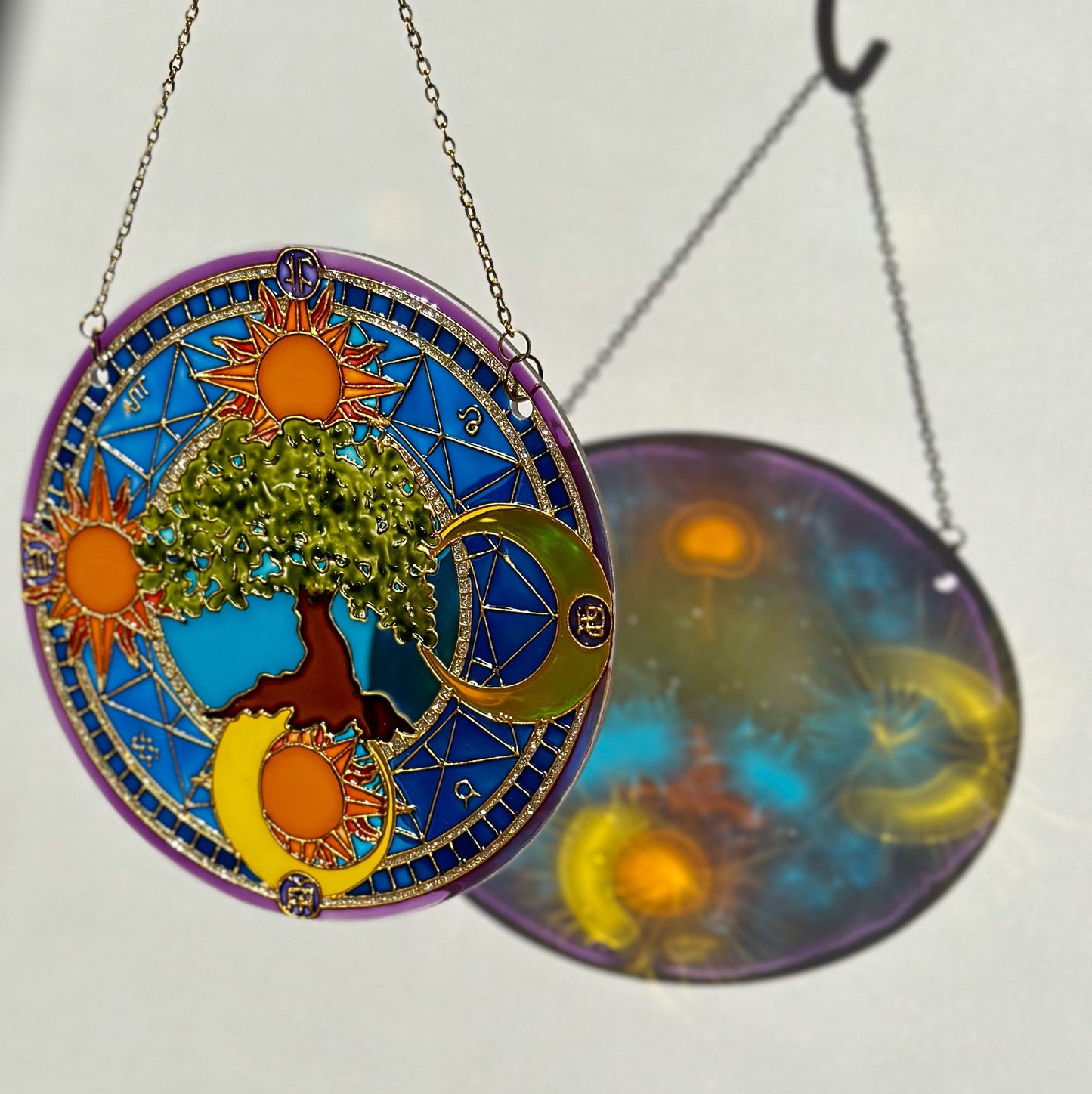Symbols Tree of life Sun Moon Shine Suncatcher for window Zodiac gift Gold living room decor Stained glass painting