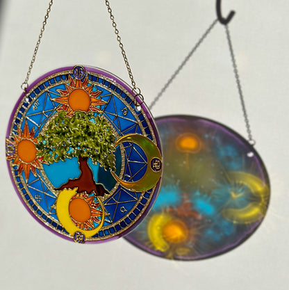 Symbols Tree of life Sun Moon Shine Suncatcher for window Zodiac gift Gold living room decor Stained glass painting