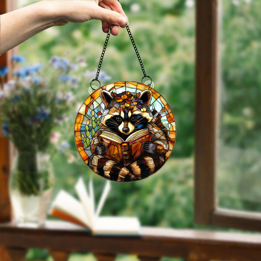 Racoon ACRYLIC Window Hanging, Racoon Reads Book Window Hanging Art Decoration, Bookish home decor, Gift for her, Book lover gift, Pet Owner