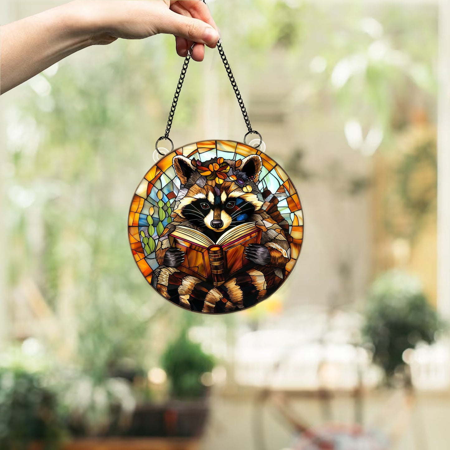 Racoon ACRYLIC Window Hanging, Racoon Reads Book Window Hanging Art Decoration, Bookish home decor, Gift for her, Book lover gift, Pet Owner