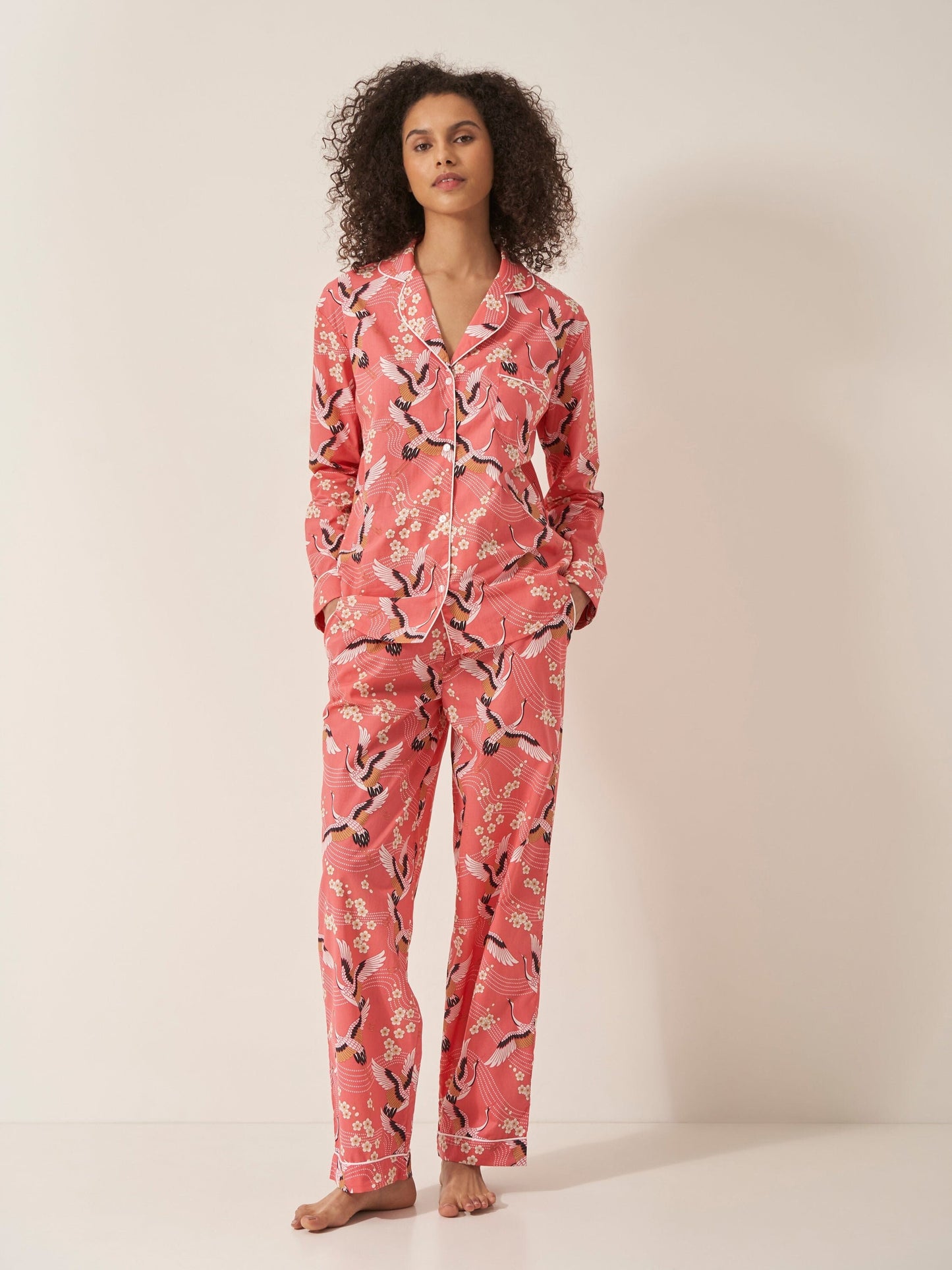 Japanese Crane on Coral Women’s Pyjama Trouser Set | Organic Cotton Long Sleeve PJs | Elegant Bird Print Sleepwear Gift