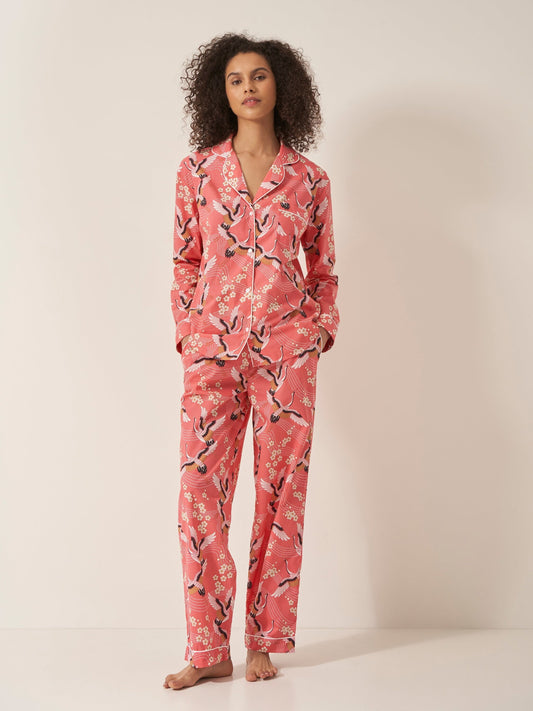Japanese Crane on Coral Women’s Pyjama Trouser Set | Organic Cotton Long Sleeve PJs | Elegant Bird Print Sleepwear Gift