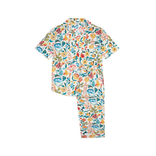 Florals on White Women’s Pyjama Trouser Set | Organic Cotton Short Sleeve PJs | Soft Floral Print Sleepwear Gift for Her