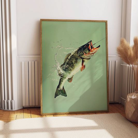 Vintage Bass Fishing Poster Art Cabin Wall Decor Outdoor Sports Angler Fisherman Illustration Father's Day Gift for Dad