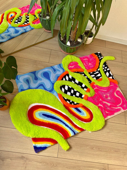 3D 'Alice' Fluffy Checkered Rainbow Handmade Tufted Rug