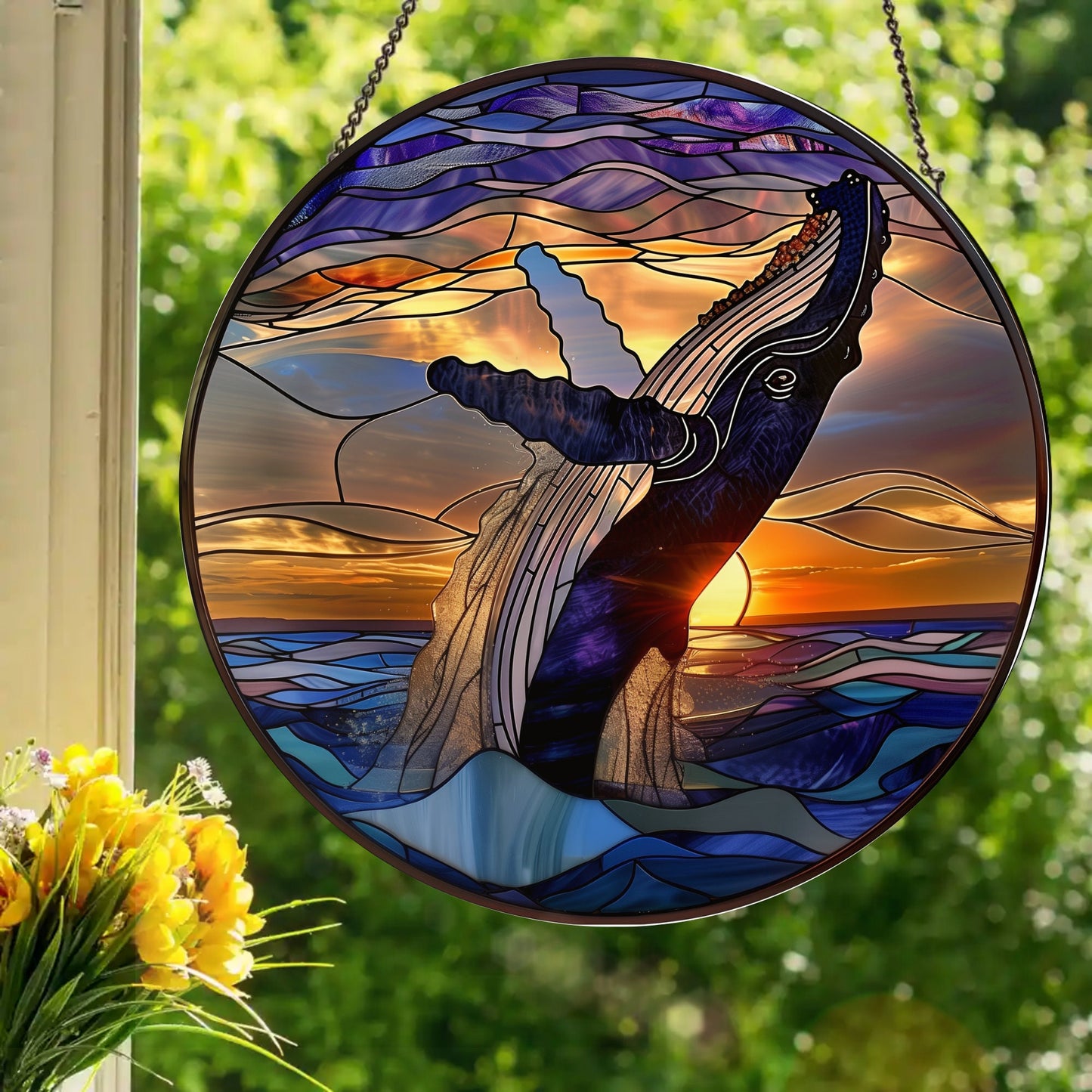 Breaching Humpback Whale: Stained Glass Style Window Hanging