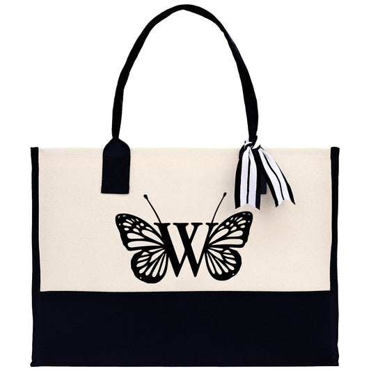 Butterfly Monogram Beach Canvas Tote Bag Initial Tote Bag Letter Tote Bag Birthday Gift Personalized Beach Tote Bag (SWT1001)