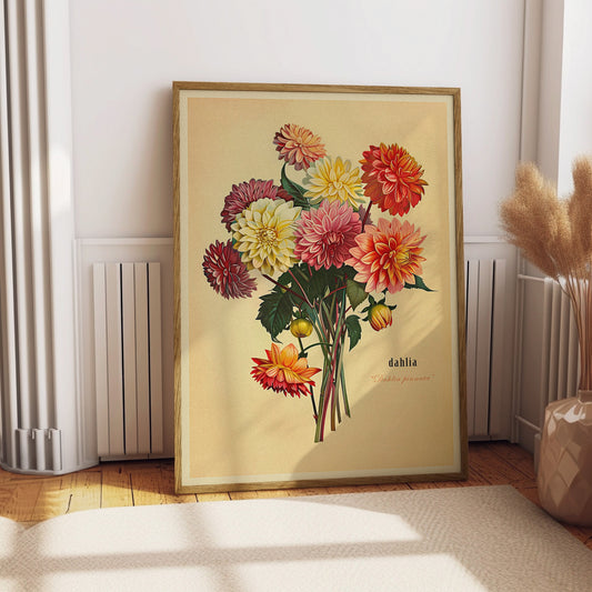 Vintage Bouquet of Dahlias Print Antique Flower Illustration Botanical Painting Earth Tones Flowery Bedroom Decor Retro Poster Gift for Mom
