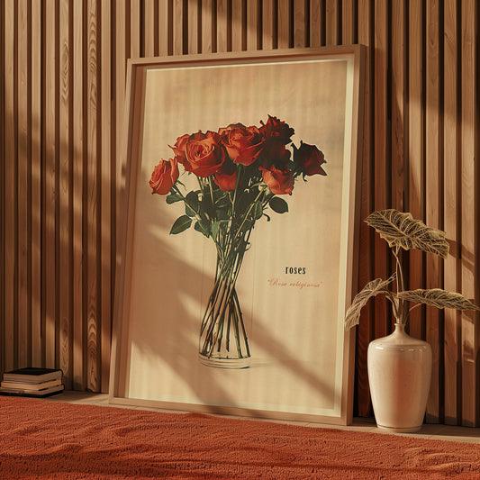 Vintage Vase of Red Roses Print Antique Flower Illustration Botanical Painting Earth Tones Flowery Bedroom Decor Retro Poster Gift for Mom