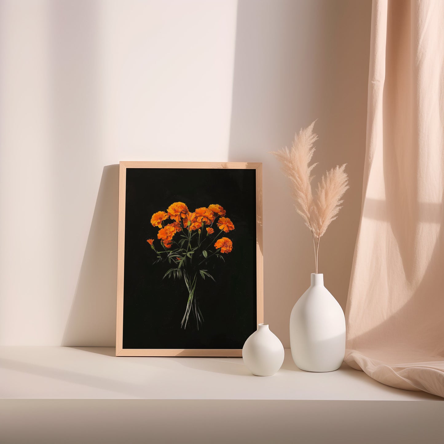 Vintage Orange Marigolds Oil Painting Black Gothic Antique Flower Print Illustration Botanical Farmhouse October Birth Flower Birthday Gift