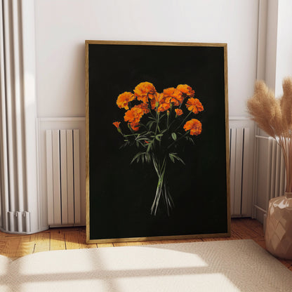 Vintage Orange Marigolds Oil Painting Black Gothic Antique Flower Print Illustration Botanical Farmhouse October Birth Flower Birthday Gift