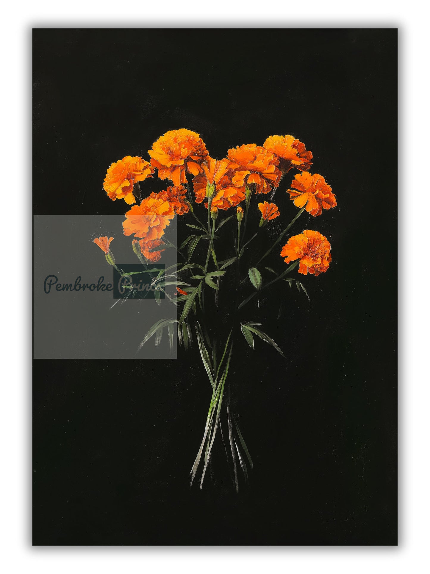 Vintage Orange Marigolds Oil Painting Black Gothic Antique Flower Print Illustration Botanical Farmhouse October Birth Flower Birthday Gift