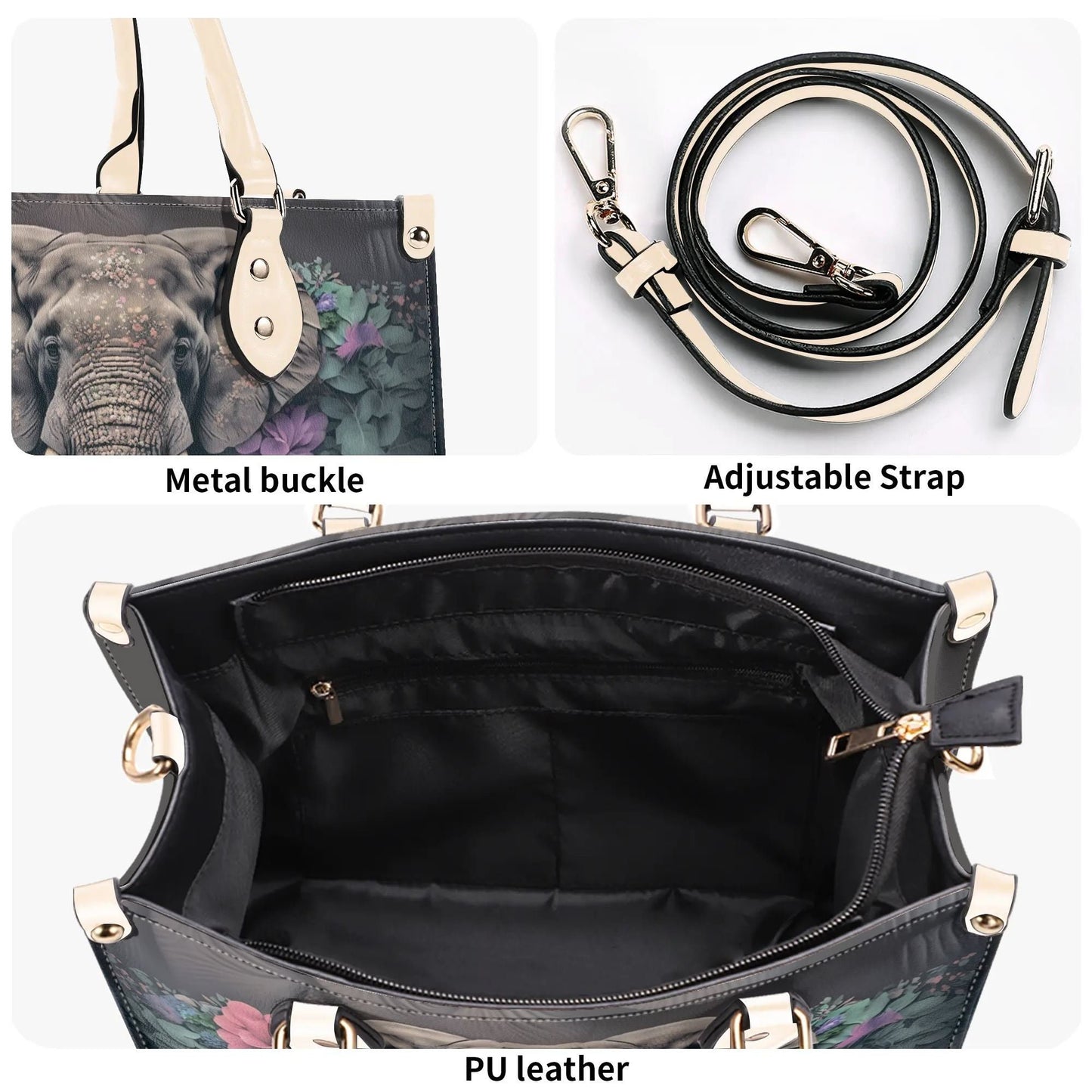 Elephants Garden Gala Handbag. Colorful Handbag, Waterproof PU Leather Tote, Top Handle Vegan Leather, Crossbody, Shoulder bag.