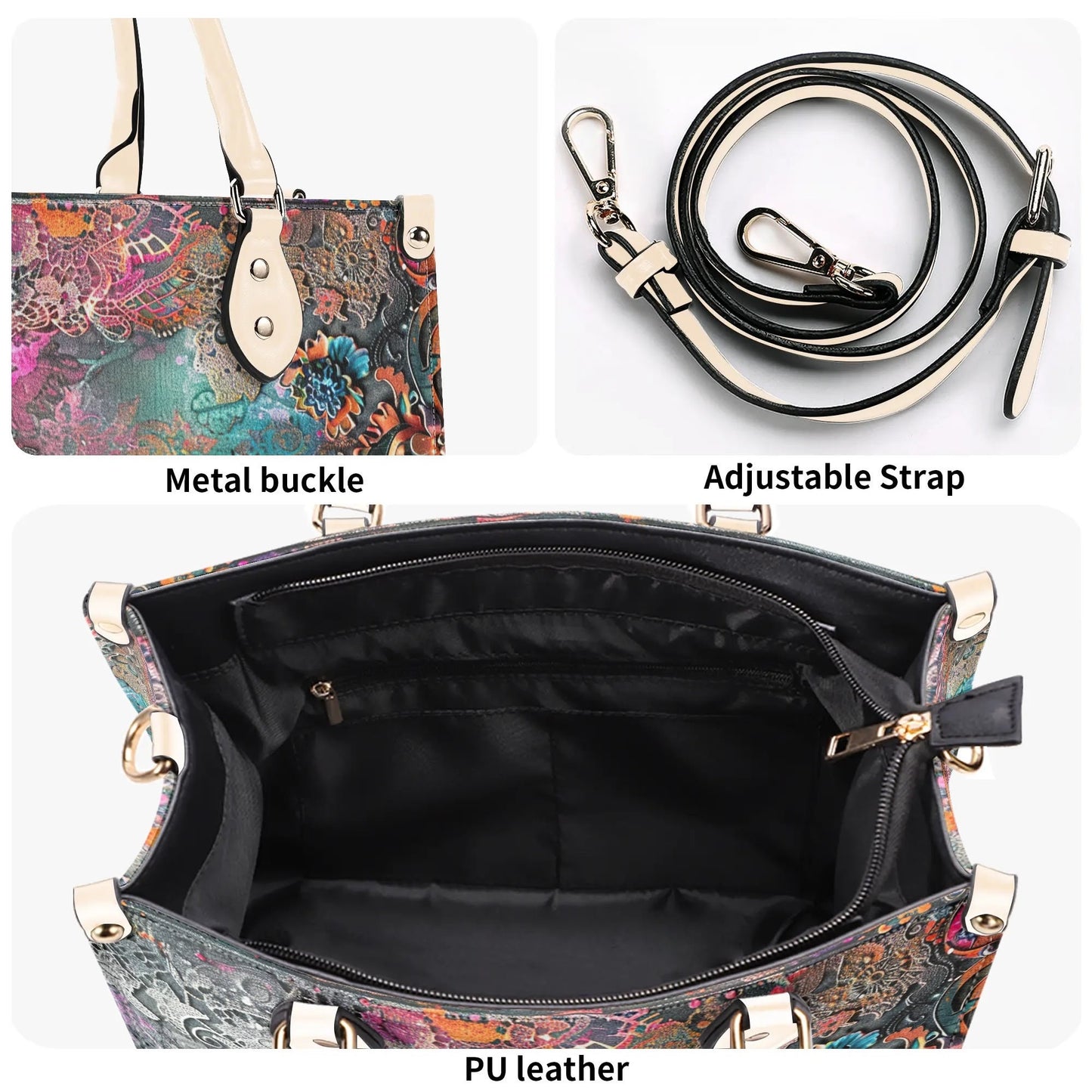 Dark Enchantment Tote Handbag. Colorful Handbag, Waterproof PU Leather Tote, Top Handle Vegan Leather, Crossbody, Shoulder bag.