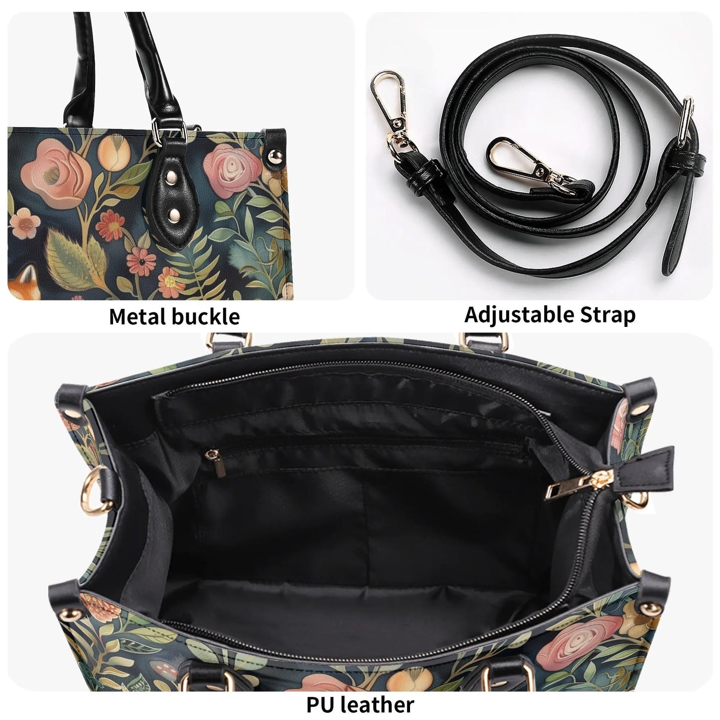 Enchanted Fox Grove Tote Handbag. Colorful Handbag, Waterproof PU Leather Tote, Top Handle Vegan Leather, Crossbody, Shoulder bag.