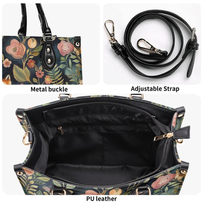 Enchanted Fox Grove Tote Handbag. Colorful Handbag, Waterproof PU Leather Tote, Top Handle Vegan Leather, Crossbody, Shoulder bag.