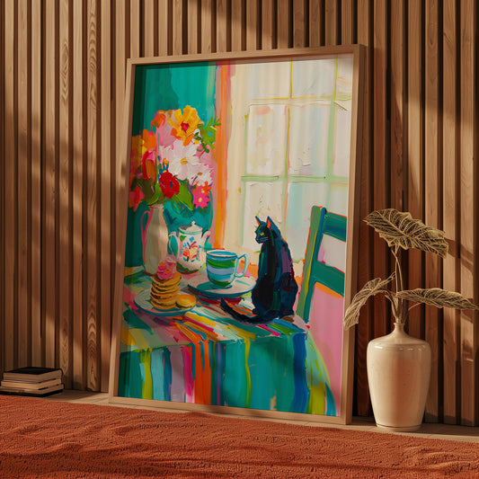 Black Cat at Breakfast Table Print Kitchen Abstract Painting Vibrant Coffee Color Kitchen Poster Matisse Styled Artwork